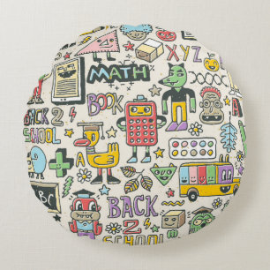 Back to school colourful doodle set 2. Hand drawn Round Pillow