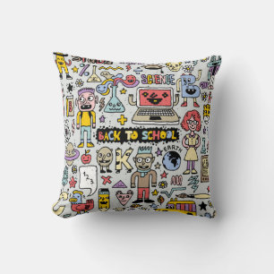 Back to school colourful doodle set. Vintage illus Throw Pillow