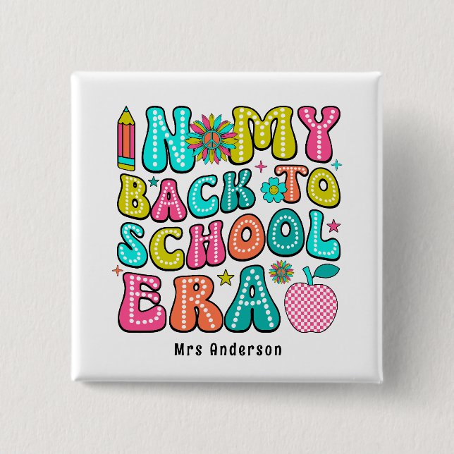 Back to school colourful retro teacher  2 inch square button (Front)