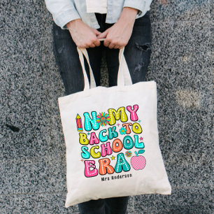 Back to school colourful retro teacher tote bag