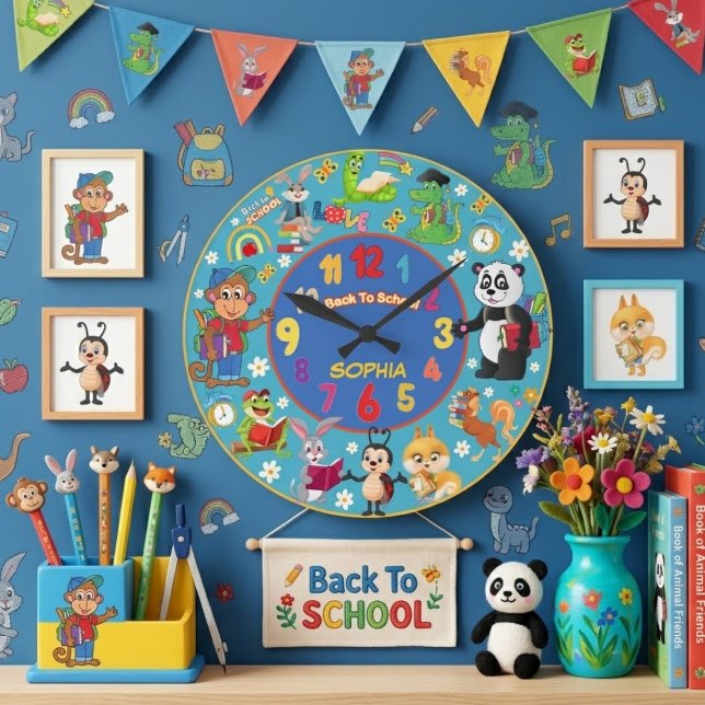 BACK TO SCHOOL CUTE ANIMALS CUSTOMIZABLE NAME ROUND CLOCK (Creator Uploaded)