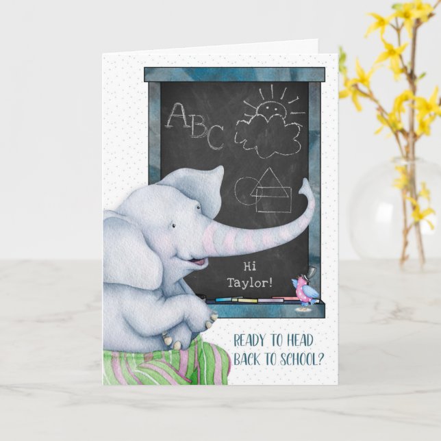 Back to School Elephant Chalkboard Personalize Card (Yellow Flower)