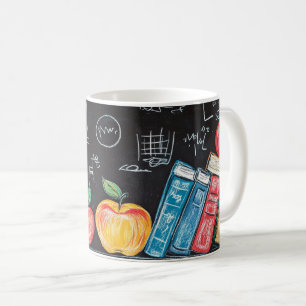 Back to school, featuring colourful books, apples, coffee mug