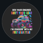 Back To School First Grade Monster Truck First Day Classic Round Sticker<br><div class="desc">Back To School First Grade Monster Truck First Day School</div>