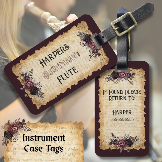 Back to School Flute Instrument Case Tag Label (Back to School Flute Instrument Case Tag featuring a vintage music staff.)