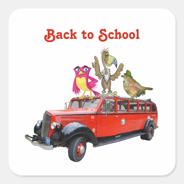  Back to School Fun Ride Cartoon Birds Riding Bus  Square Sticker (Front)