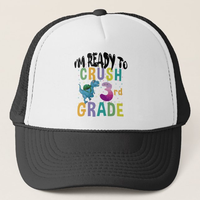Back To School I'm Ready To Crush 3rd Grade Dino Trucker Hat (Front)