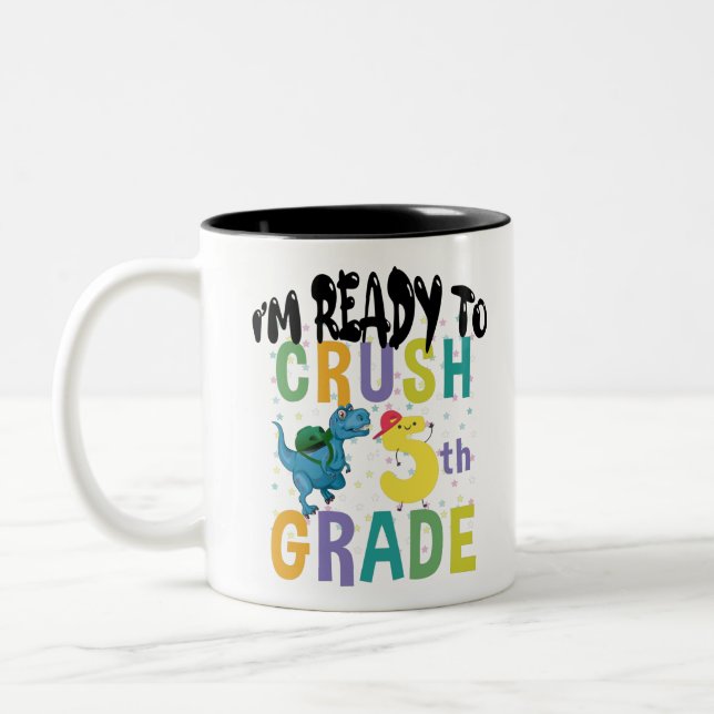 Back To School I'm Ready To Crush 5th Grade Dino Two-Tone Coffee Mug (Left)