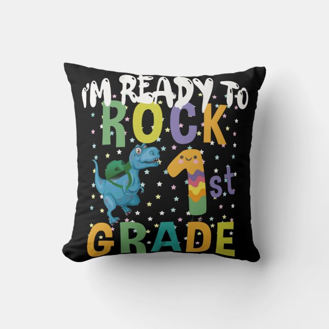 Back To School I'm Ready To Rock 1st Grade Dino Throw Pillow (Front)