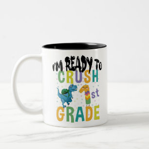 Back To School I'm Ready To Rock 1st Grade Dino Two-Tone Coffee Mug