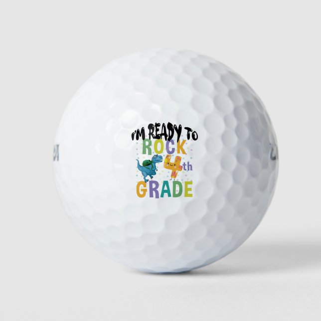Back To School I'm Ready To Rock 4th Grade Dino Golf Balls (Front)