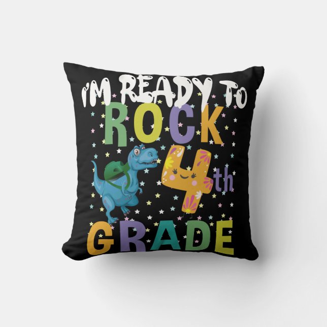 Back To School I'm Ready To Rock 4th Grade Dino Throw Pillow (Front)