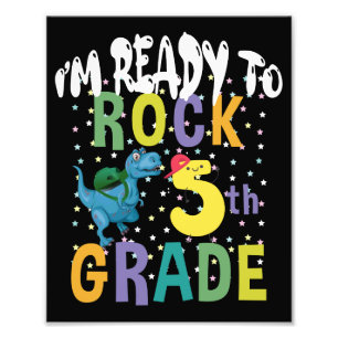 Back To School I'm Ready To Rock 5th Grade Dino Photo Print