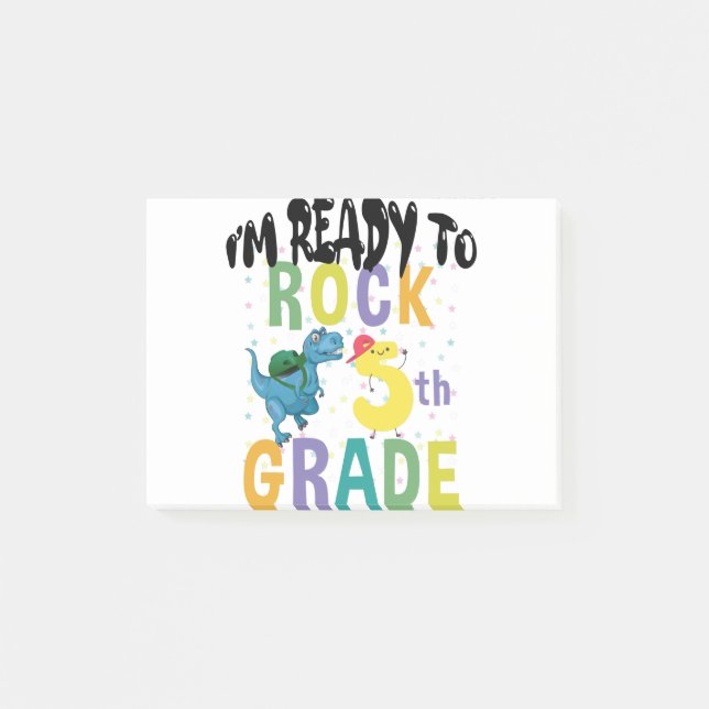 Back To School I'm Ready To Rock 5th Grade Dino Post-it Notes (Front)