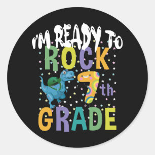 Back To School I'm Ready To Rock 7th Grade Dino Classic Round Sticker