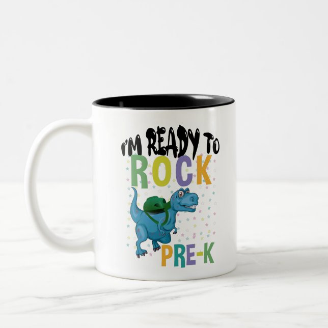 Back To School I'm Ready To Rock Pre-K Dinosaur Two-Tone Coffee Mug (Left)
