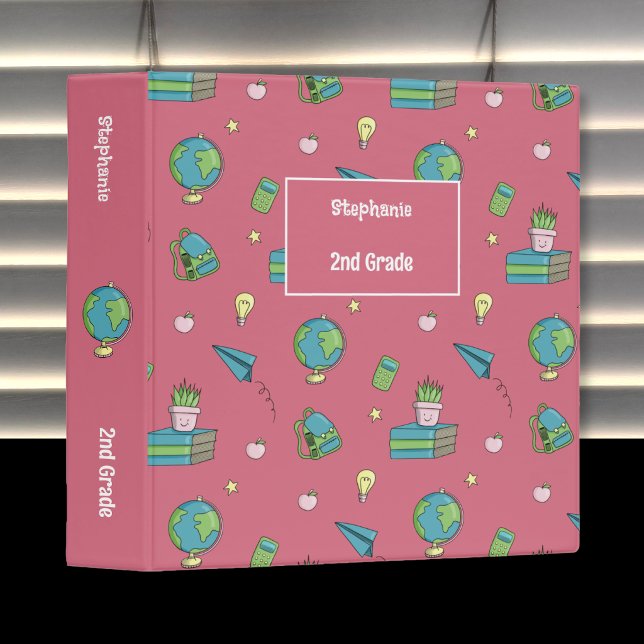 Back-to-School Kid Pink Binder with Doodle Art (Personalized kid school binder  .)