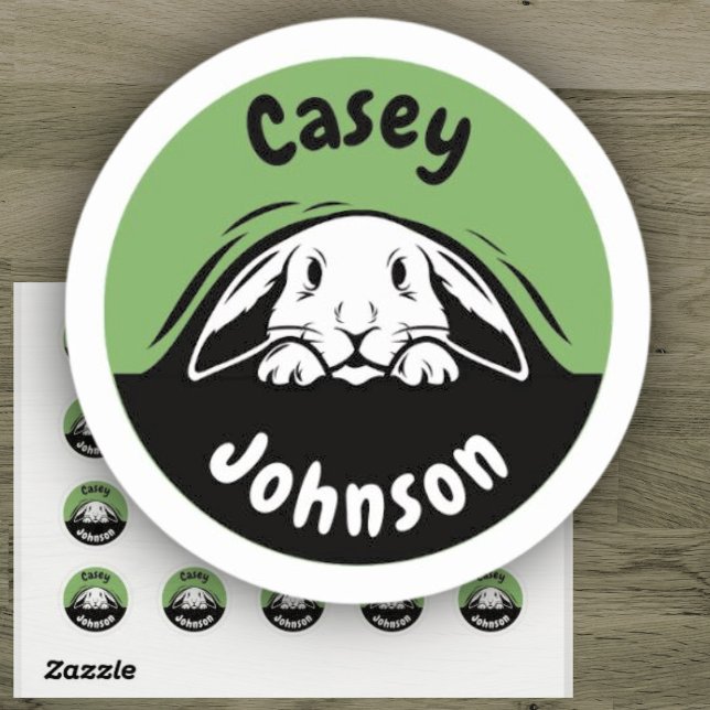 Back to school name label, cute peeking bunny  classic round sticker (Creator Uploaded)