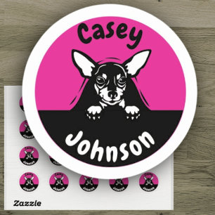 Back to school name label, cute peeking dog classic round sticker