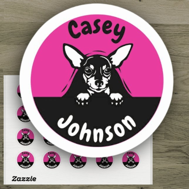 Back to school name label, cute peeking dog classic round sticker (Creator Uploaded)