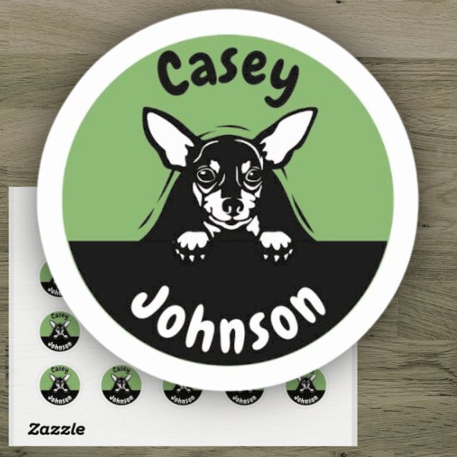 Back to school name label, cute peeking dog  classic round sticker (Creator Uploaded)
