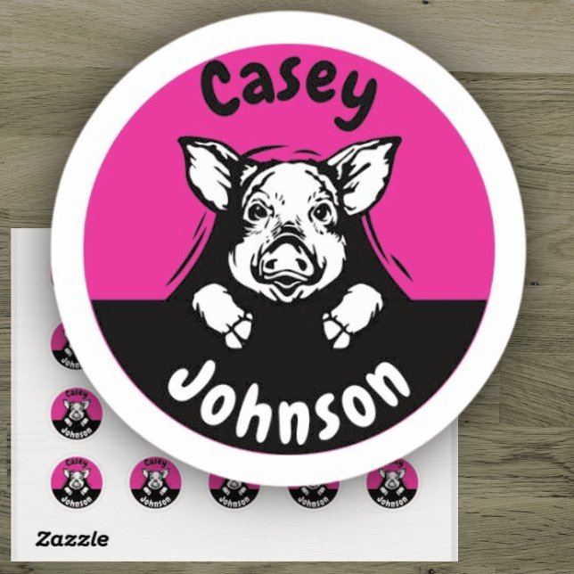 Back to school name label, cute peeking pig classic round sticker (Creator Uploaded)