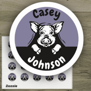 Back to school name label, cute peeking pig classic round sticker