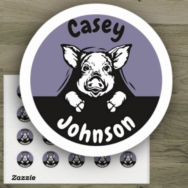 Back to school name label, cute peeking pig classic round sticker (Creator Uploaded)