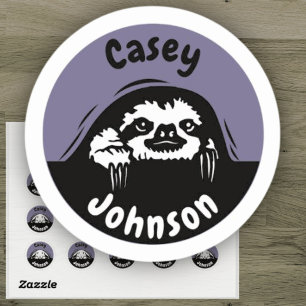 Back to school name label, cute peeking sloth  classic round sticker