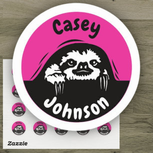 Back to school name label, cute peeking sloth classic round sticker