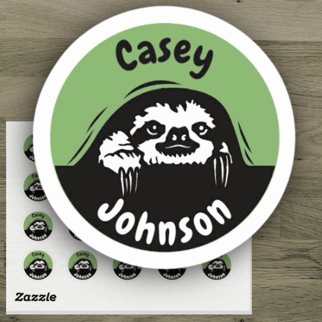 Back to school name label, cute peeking sloth  classic round sticker (Creator Uploaded)