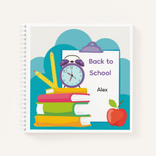 Back to School Notebook with Books and Alarm Clock