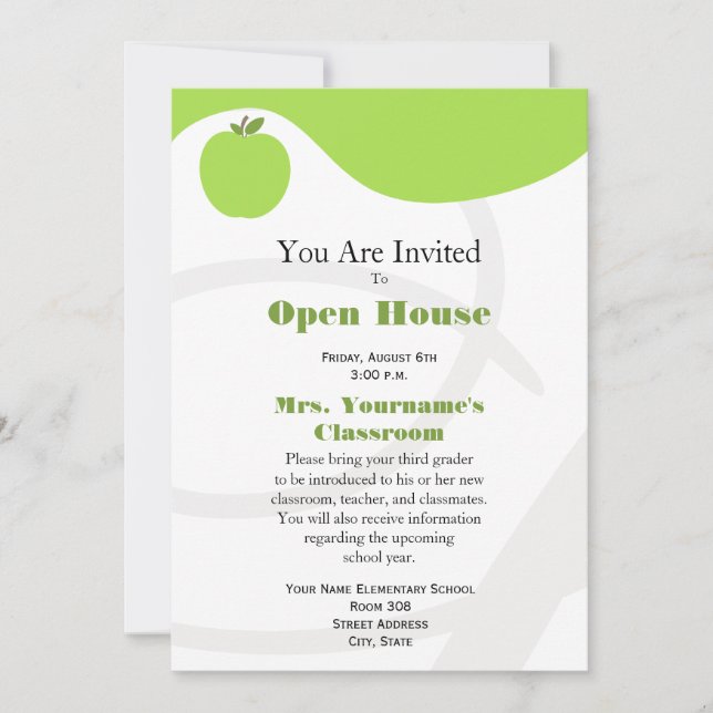 Back To School Open House Invitation - Green Apple (Front)