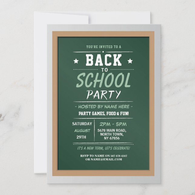 Back To School Party Chalk Green Invitation (Front)