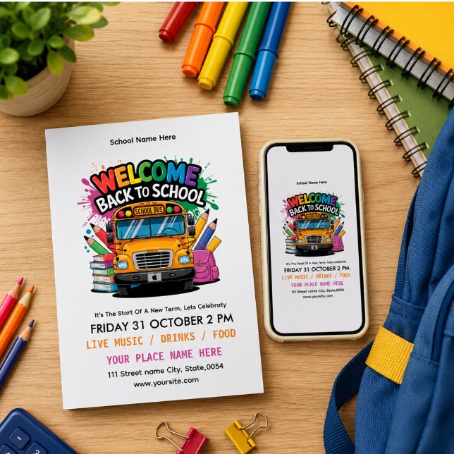 Back to School Party Kids Fun & Colourful Editable Invitation (Back to School Party Kids Fun & Colorful Editable Invitation)