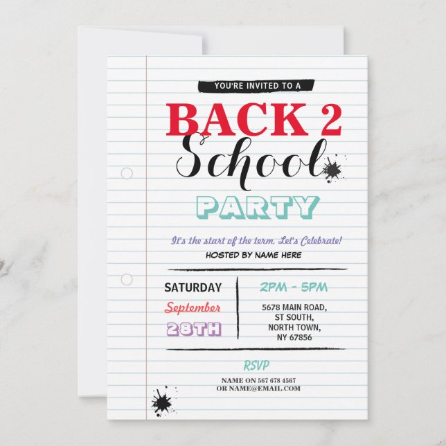 Back To School Party Note Paper Fun Ink Invite (Front)