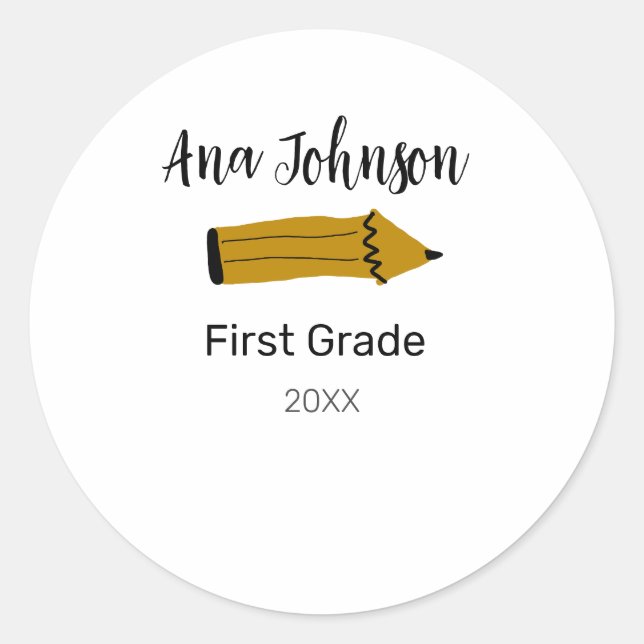 Back to school pencil add name grade class year te classic round sticker (Front)