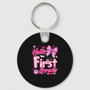 Back to school pink hello first grade coquette bow keychain