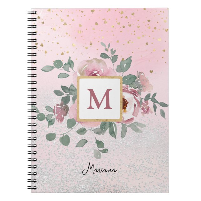 Back To School Pink Sparkle Glitter Monogram Girl Notebook (Front)