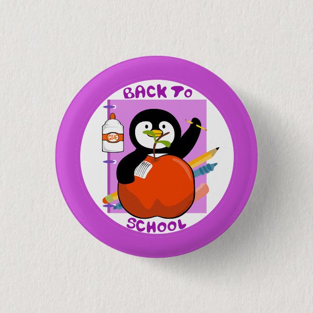 Back to School Purple Penguin 1 Inch Round Button (Front)