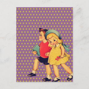 back to school retro polka dots Vintage Kids Postcard