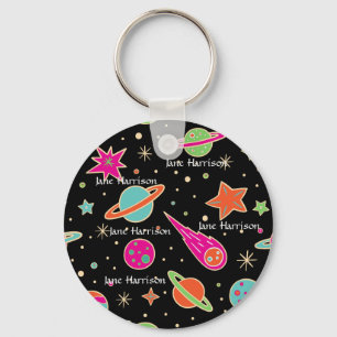 Back To School Space Rocket Pattern Name Keychain
