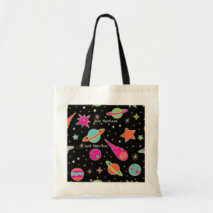 Back To School Space Rocket Pattern Name Tote Bag