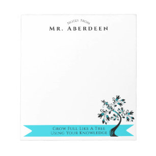 Back To School Teacher Blue Floral Tree Custom Notepad