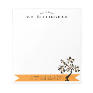 Back To School Teacher Orange Floral Tree Custom Notepad