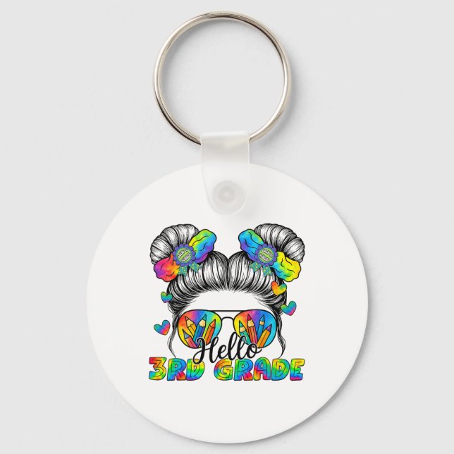 Back To School Tie Dye Hello 3rd Grade Messy Bun G Keychain (Front)