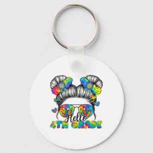 Back To School Tie Dye Hello 4th Grade Messy Bun G Keychain