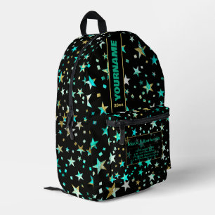 Back To School Turquoise Faux Gold Black Stars Printed Backpack