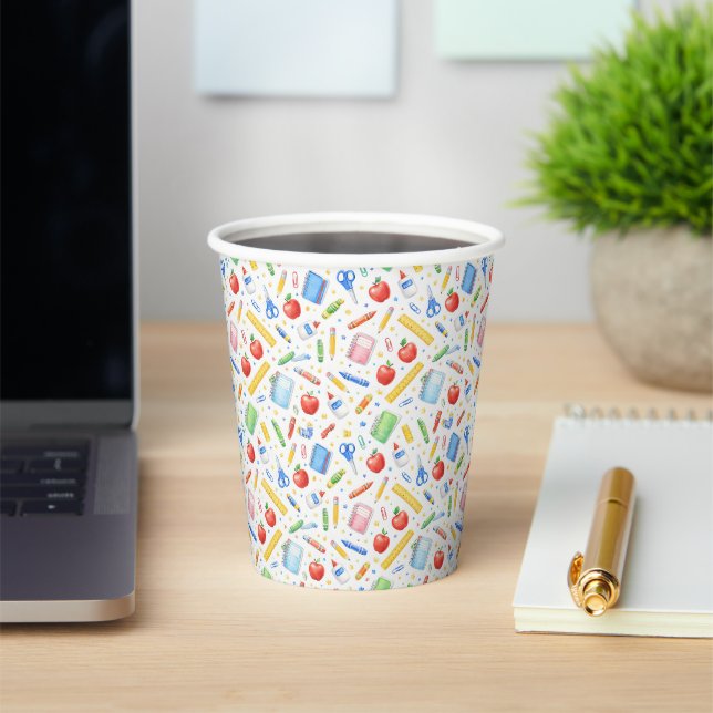 Back to School Watercolor Supplies Pattern Paper Cups (Insitu)