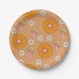Back to the 70s Orange Daisies and Mushrooms Paper Plate